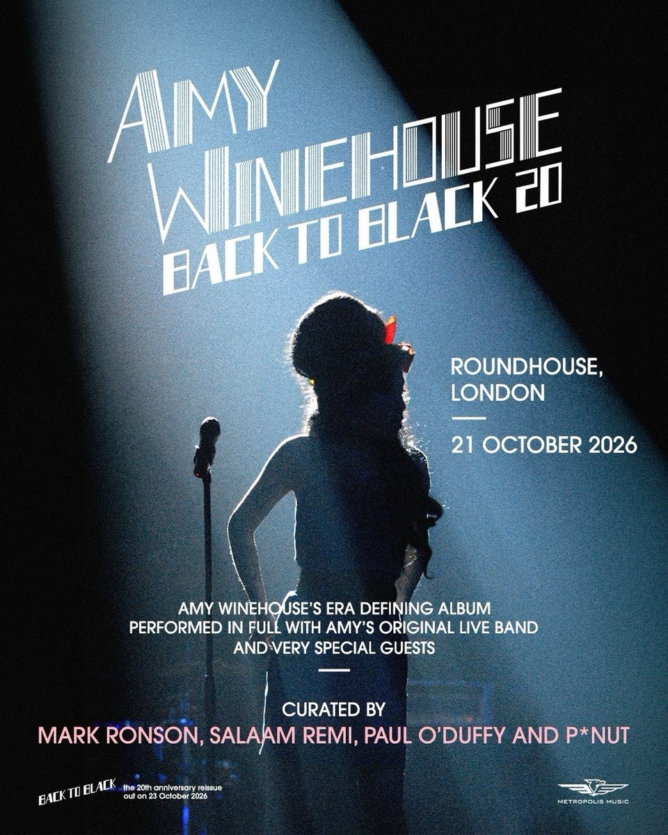 WinehouseBrasil's tweet photo. 🚨 DE VOLTA AO LUTO: A banda de Amy Winehouse fará um show único em Londres, em 21 de outubro, para celebrar os 20 anos de “Back To Black”.

O álbum será tocado na íntegra, com Mark Ronson, Salaam Remi e outros convidados. A apresentação será gravada e exibida pela ‘BBC’. https://t.co/89wd4xYyzq