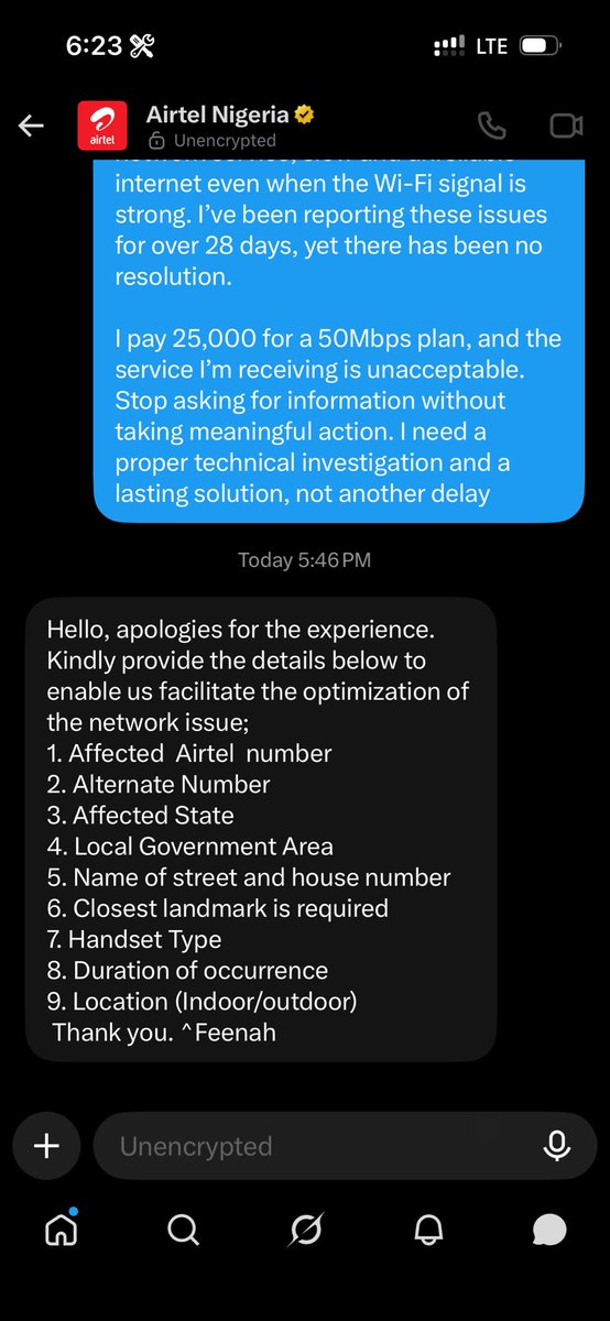 kingsleyfrd's tweet photo. @AirtelNigeria @NgComCommission This is exactly the problem. @AirtelNigeria is copy-pasting a generic checklist instead of actually reading the complaint.

My complaint is about your ODU router and the internet service, not a handset. Yet you’re asking me for my “handset type”… https://t.co/3KipFzpSvr