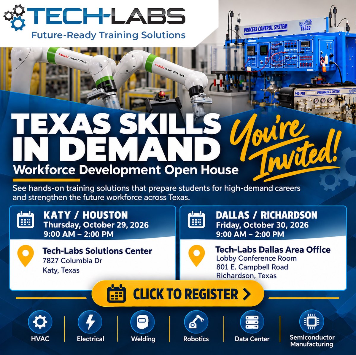 Tech_Labs's tweet photo. Join us for Texas Skills in Demand, a FREE, come-and-go #WorkforceDevelopment Open House. 🤖⚡🌮

Explore hands-on training for the skills driving some of Texas’ fastest-growing industries.

And yes—tacos are on us!

👉 Register free: https://t.co/cNr3TcXFR5 

#CTE #Texas https://t.co/xJDqftwube