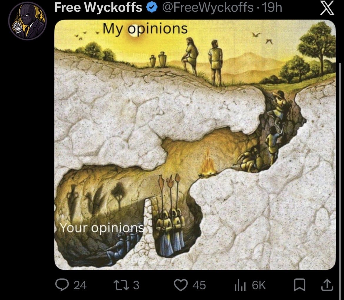 taketheseodds's tweet photo. Be freewyckoffs

Tell everyone repeatedly for months that $GME will go to $17-18

Be right

Raise discord price

Advise your discord to sell $GME at $21.50 because there’s no volume on Opex week and other people drew fractals you don’t like

Realize you sold your shares to Ryan cohen 

Watch price soar

Delete your account 

Return with Plato’s cave pic implying your opinions are that of God and everyone else are mere mortals copying you in vain 

Miss out on the greatest run in stock market history