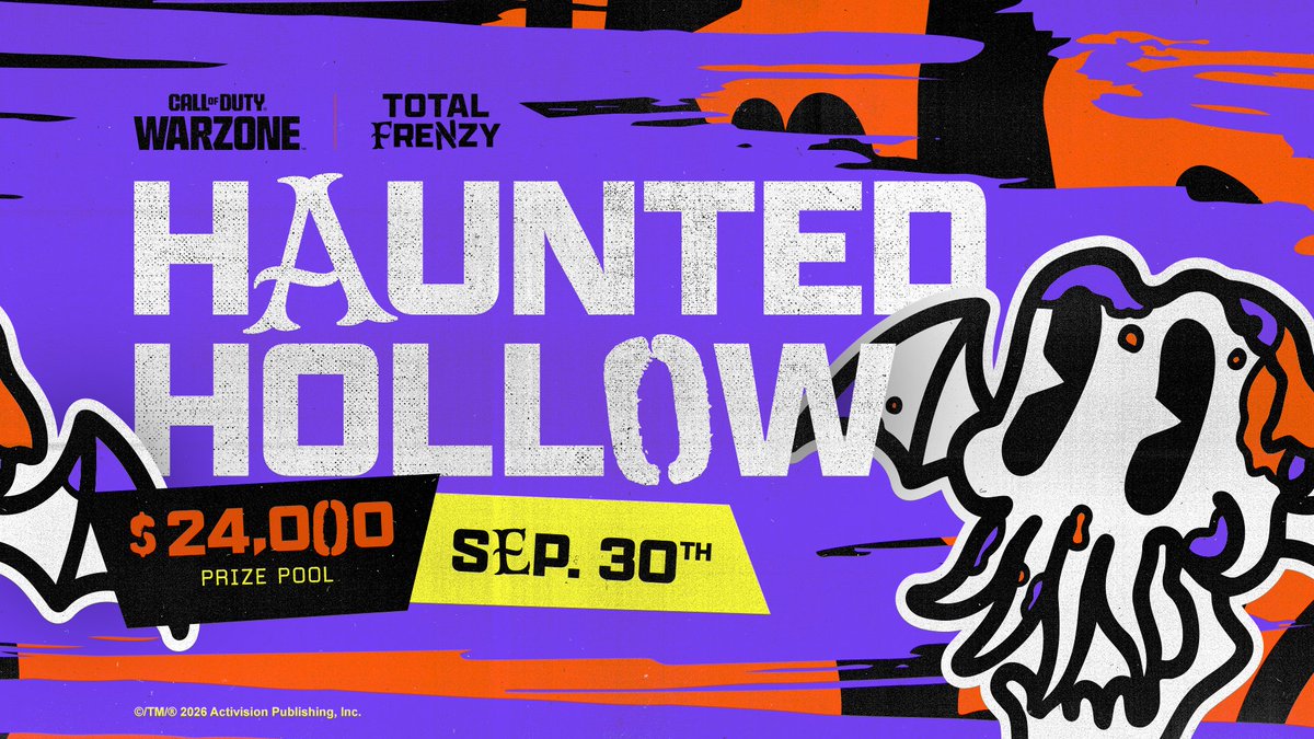 WzTotalFrenzy's tweet photo. We're back and we're getting SPOOKY 👻 

🗓️ September 30th
💰 $24,000
💀 Haunted Hollow

The Frenzy returns with WTFun: Haunted Hollow LIVE at 3pm ET next Wednesday, on @CallofDuty's Twitch. https://t.co/OzD8enWD7m