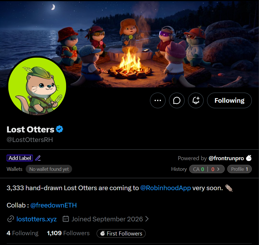 THELamce's tweet photo. another alpha worth watching

@LostOttersRH, 3333 hand-drawn otters stranded on a mysterious island

and their story is interesting

details:

> Robinhood
> 3333 supply
> Mint price and date still TBA

very early and got spots for my communities, thanks @freedownETH

who here is getting lost with the otters?