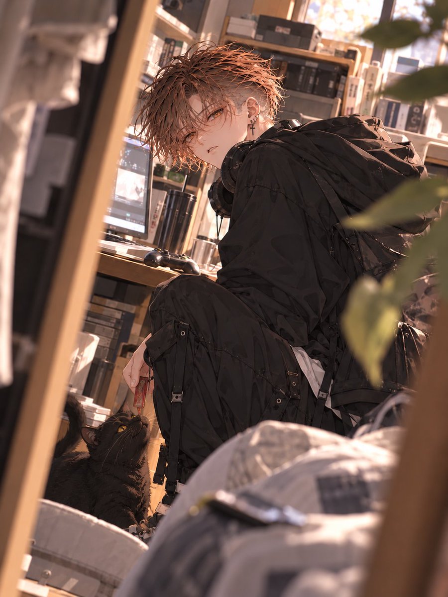reverse_pudding's tweet photo. こちらのプロンプトお借りしました✨

見つかったぁあ！！！ほぼ無反応！！！それもまたよし……！！
黒猫くろちゃんとイチャイチャしよって……いいぞもっとやれ
1枚目はくろちゃん指定してないのに出てくるあたりもうセット扱いかな……？笑 https://t.co/1CwbSql4hc