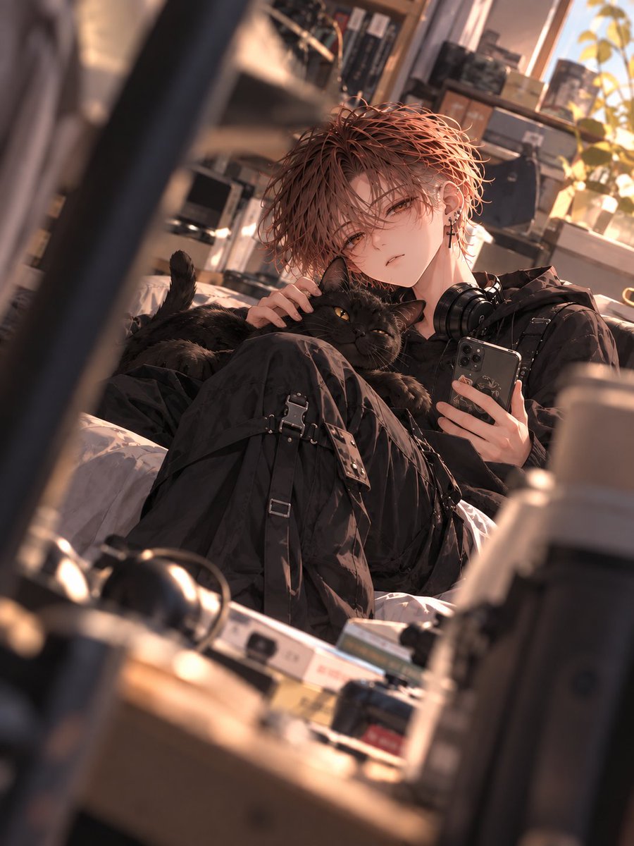 reverse_pudding's tweet photo. こちらのプロンプトお借りしました✨

見つかったぁあ！！！ほぼ無反応！！！それもまたよし……！！
黒猫くろちゃんとイチャイチャしよって……いいぞもっとやれ
1枚目はくろちゃん指定してないのに出てくるあたりもうセット扱いかな……？笑 https://t.co/1CwbSql4hc