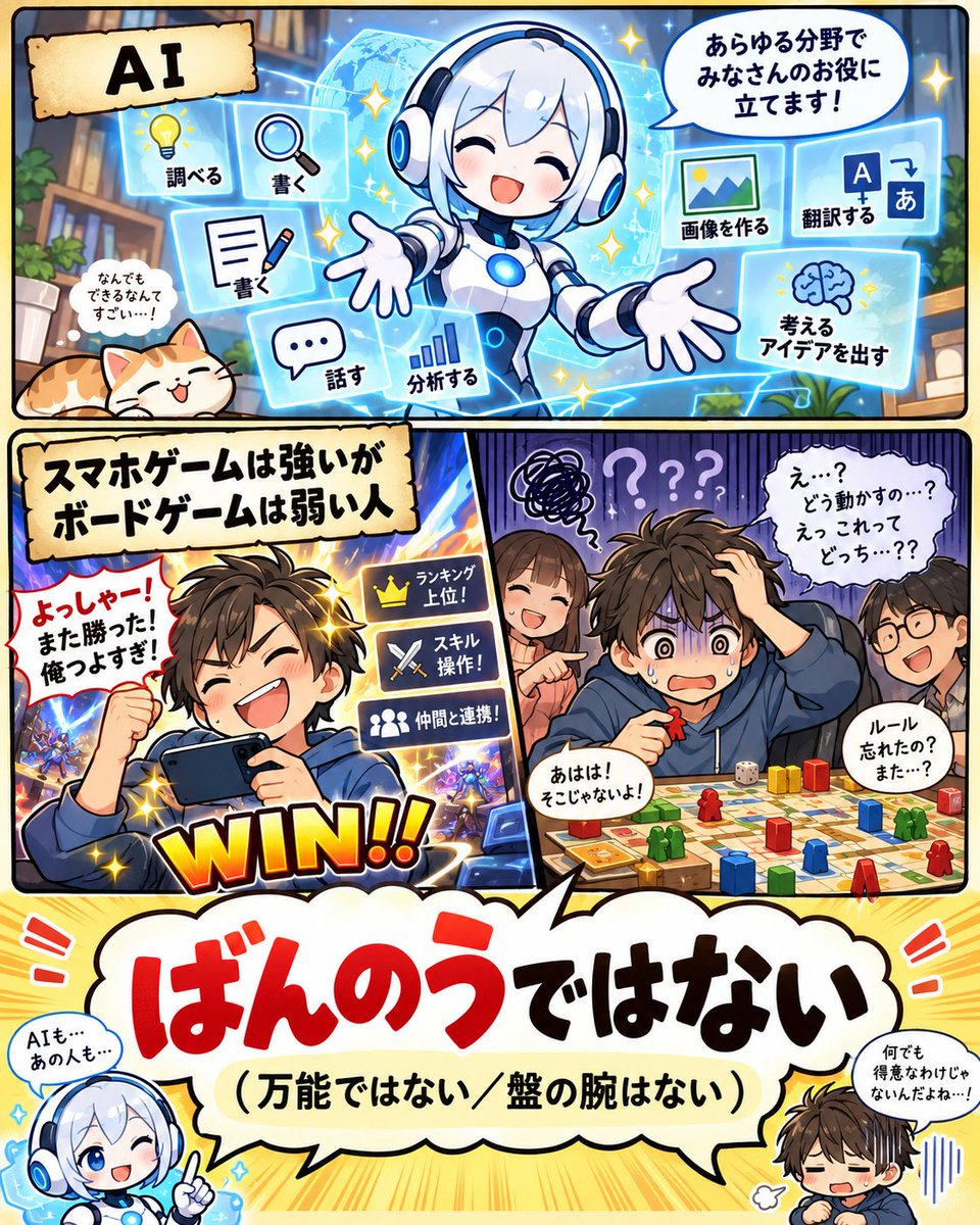 nazo_KAke002's tweet photo. なぞかけ#067

AI
とかけまして
スマホゲームは強いがボードゲームは弱い人
とときます

そのココロは
ばんのうではない(万能ではない/盤の腕はない) https://t.co/wUMhgVcrOi