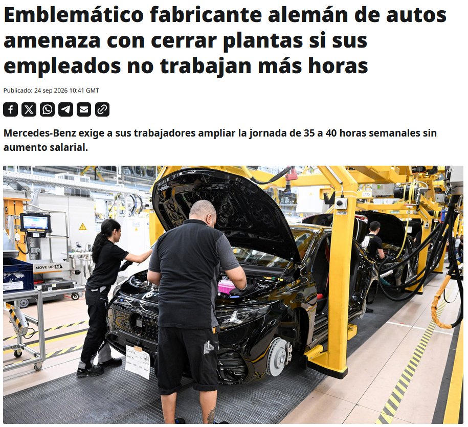 ActualidadRT's tweet photo. 🇩🇪🚨Mercedes-Benz amenaza con cerrar dos plantas en Alemania si sus empleados se niegan a trabajar horas extras no remuneradas https://t.co/BJYvPLa2FQ