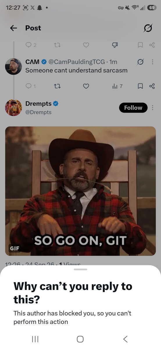 CPauldingTCG's tweet photo. Awwwww someone is overly sensitive.

Imagine blocking people because you can't handle the most rated G sarcasm to exist. @Drempts https://t.co/L6k3Gw4nlu