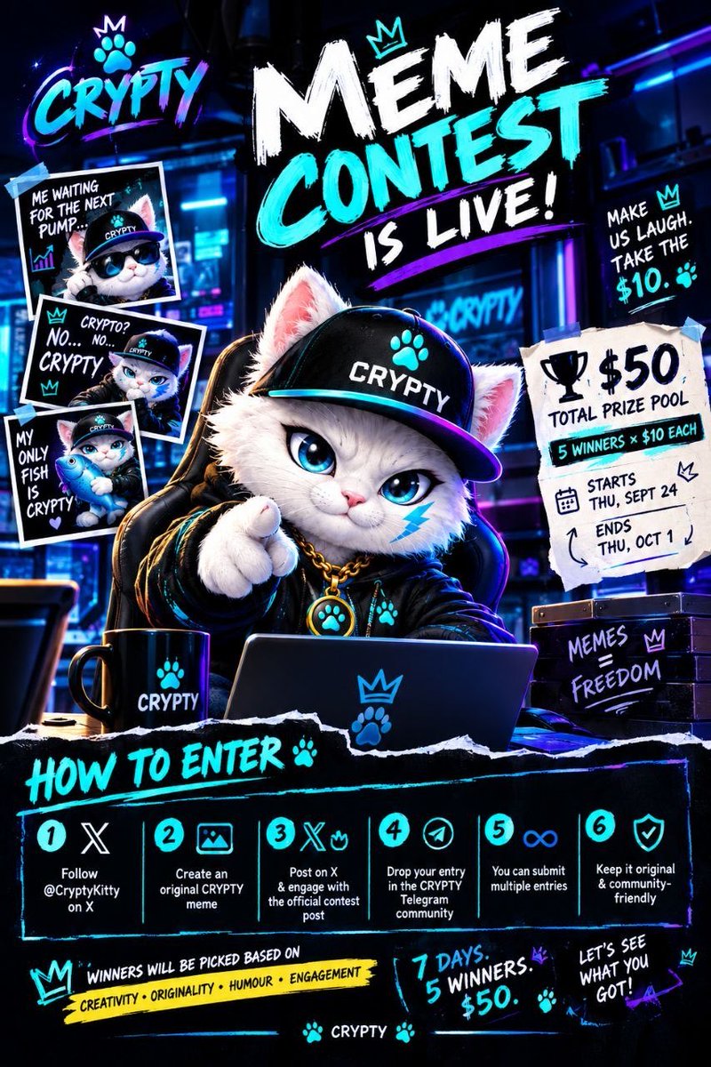 CryptyKitty's tweet photo. CRYPTY KITTY MEME CONTEST IS LIVE!🐱🔥

The Kitty wants to see what you can cook 😹

For the next 7 DAYS, make your funniest, most creative CRYPTY meme and show the community what you have  got.

$50 TOTAL PRIZE POOL🏆
5 winners × $10 each

Starts: Thursday, Sept. 24
Ends: Thursday, Oct. 1

HOW TO ENTER 🐱
1. Follow @CryptyKitty on X

2. Create an original CRYPTY meme
Funny, creative, chaotic, clever. Your choice. 😹

3. Post your meme on X
Like and repost the official contest post too.

4. Drop your entry in the CRYPTY Telegram
🔗 https://t.co/LgKEbcjoZ3

5. You can submit multiple entries
The more you cook, the more chances you have. 👀🔥

6. Keep it original and community-friendly
No stolen/recycled content, NSFW or offensive entries.

🏅 Winners will be picked based on creativity, originality, humour and engagement.

You have got 7 days that’s a whole week to cook🔥

Just make something that makes the CRYPTY CLAN stop scrolling and go:
“Nahhh, this one is actually good.” 😹🔥

7DAYS, 5 WINNERS AND $50 UP FOR GRABS.

Let’s see who really knows how to cook. 😹