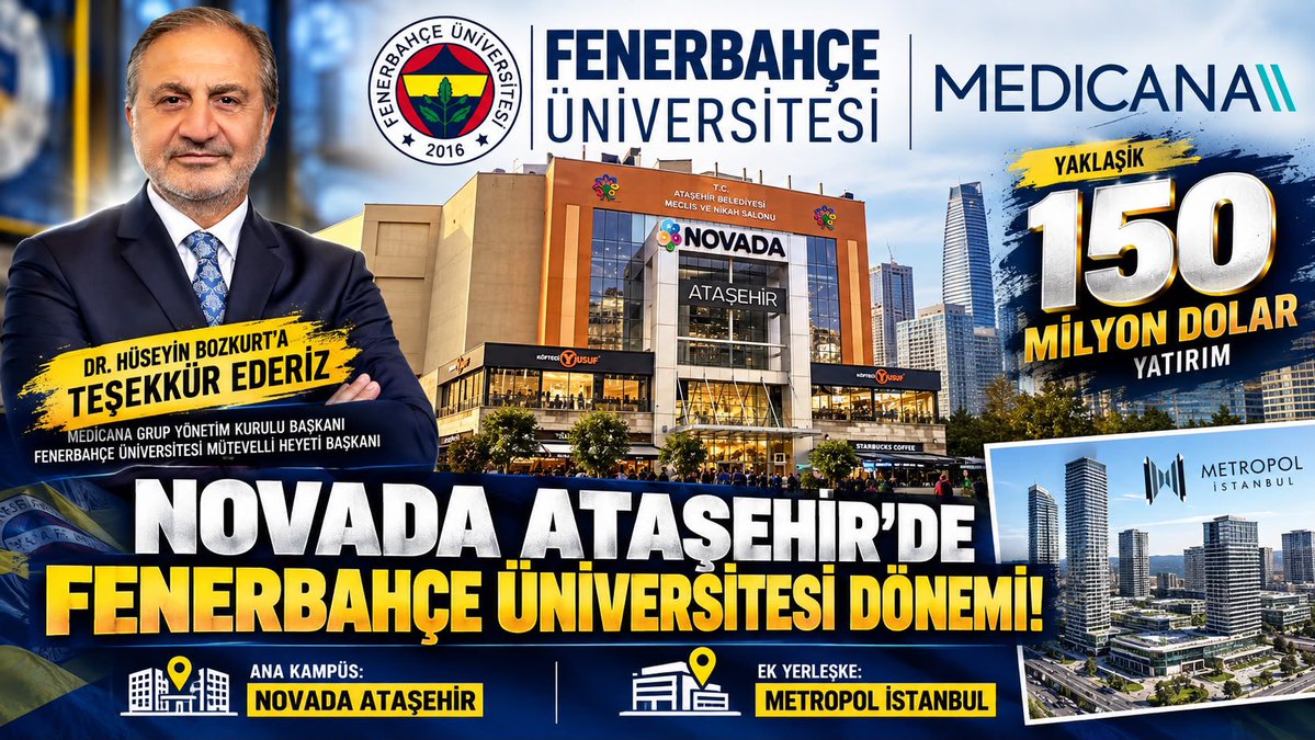 XSports_TV's tweet photo. 🟡🔵 ÖZEL HABER | NOVADA ATAŞEHİR’DE FENERBAHÇE ÜNİVERSİTESİ DÖNEMİ! 🚨

🖋️ @talhaarslan yazdı.

🏢 Fenerbahçe Üniversitesi, Ataşehir’de bulunan Novada Ataşehir AVM’yi kiraladı.

İnşaat ve dönüşüm çalışmaları devam eden Novada Ataşehir, Fenerbahçe Üniversitesi’nin ana kampüsü olarak kullanılacak.

💰 Yaklaşık 150 milyon dolarlık yatırım öngörülen projeyle birlikte üniversitenin eğitim altyapısının önemli ölçüde genişletilmesi planlanıyor.

🎓 METROPOL İSTANBUL EK YERLEŞKE OLACAK

Fenerbahçe Üniversitesi, halen eğitim faaliyetlerini sürdürdüğü Metropol İstanbul’daki yerleşkesini de kullanmaya devam edecek.

Üniversitenin büyümesiyle birlikte Novada Ataşehir ana kampüs, Metropol İstanbul ise ek yerleşke olarak faaliyet gösterecek.

🤝 MEDİCANA – FENERBAHÇE İŞ BİRLİĞİ

2016 yılında Fenerbahçe Eğitim, Kültür ve Sağlık Vakfı tarafından kurulan Fenerbahçe Üniversitesi’nin işletme hakkı, 2018 yılında Medicana Sağlık Grubu’na devredildi.

Bu süreçte Medicana Grup Yönetim Kurulu Başkanı Dr. Hüseyin Bozkurt, Fenerbahçe Üniversitesi Mütevelli Heyeti Başkanı olarak görev yaptı.

🌍 HEDEF: BÜYÜYEN VE ŞEHİRLE BÜTÜNLEŞEN ÜNİVERSİTE

Yeni kampüs projesiyle Fenerbahçe Üniversitesi’nin eğitim kapasitesini artırması ve İstanbul’un önemli merkezlerinden biri olan Ataşehir’de daha büyük bir üniversite yapısına kavuşması hedefleniyor.

📍 Ataşehir’in merkezi konumu, İstanbul Finans Merkezi’ne yakınlığı ve Fenerbahçe’nin spor tesislerine erişimi, yeni ana kampüsün öne çıkan avantajları arasında.

🔵🟡 FENERBAHÇE ÜNİVERSİTESİ BÜYÜYOR!

🏢 ANA KAMPÜS: NOVADA ATAŞEHİR
🏫 EK YERLEŞKE: METROPOL İSTANBUL