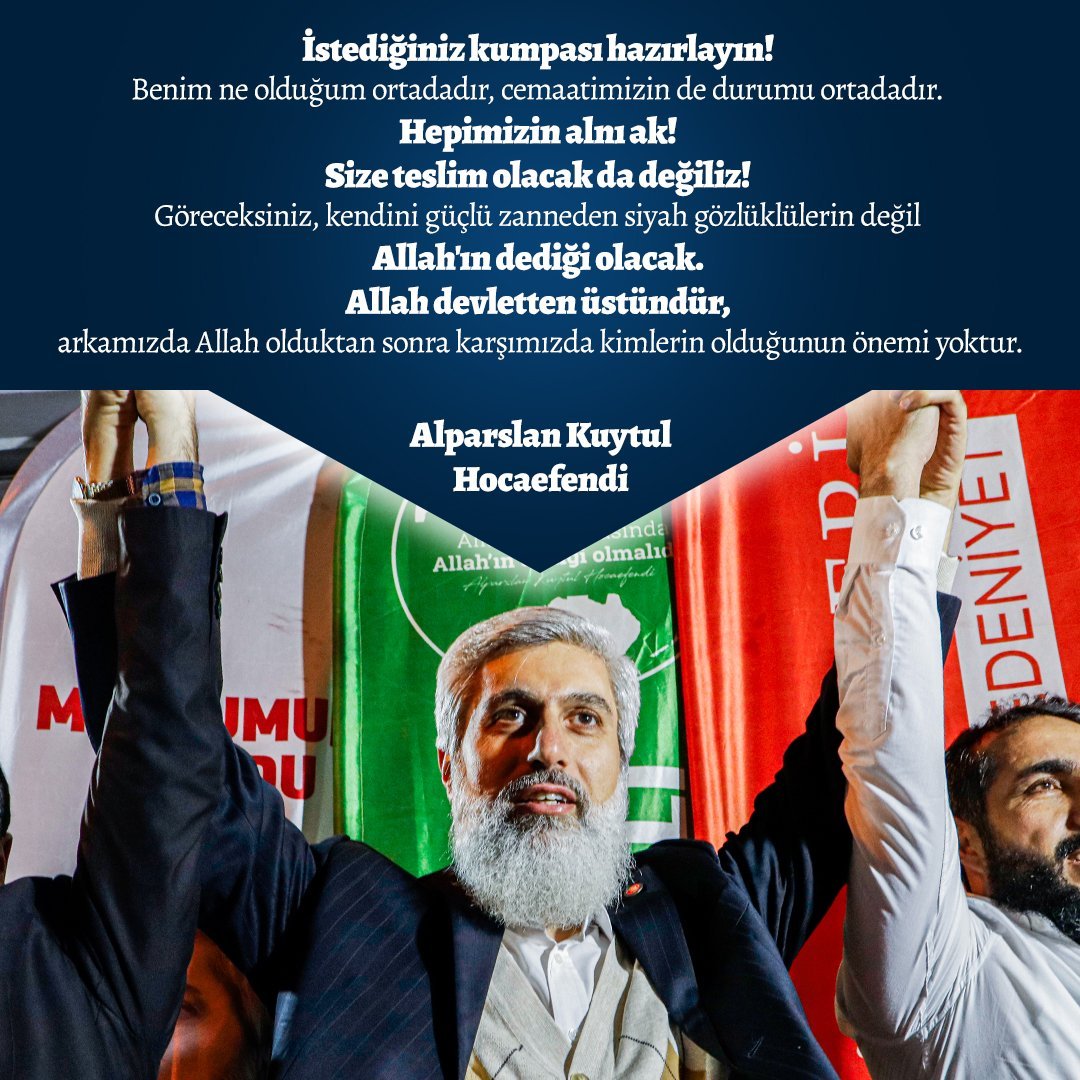 liderhoca_1's tweet photo. İstediğiniz kumpası hazırlayın!
Benim ne olduğum ortadadır, cemaatimizin de durumu ortadadır. Hepimizin alnı ak! Size teslim olacak da değiliz! 

Allah devletten üstündür. Arkamızda Allah olduktan sonra karşımızda kimlerin olduğunun önemi yoktur.

CemaatleriBitirme Projesi
AkpEliyle CemaatlerBitiriliyor
DinDüşmanı KomiteIşBaşında