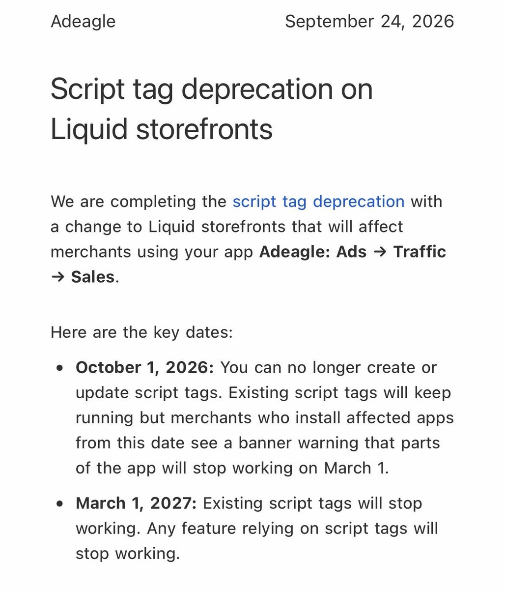 zmbnski's tweet photo. all good but one small piece of feedback to @ShopifyDevs though: 

would it make sense to send those alerts a month in advance instead of a week before the deadline? https://t.co/MkZKUwCNpT