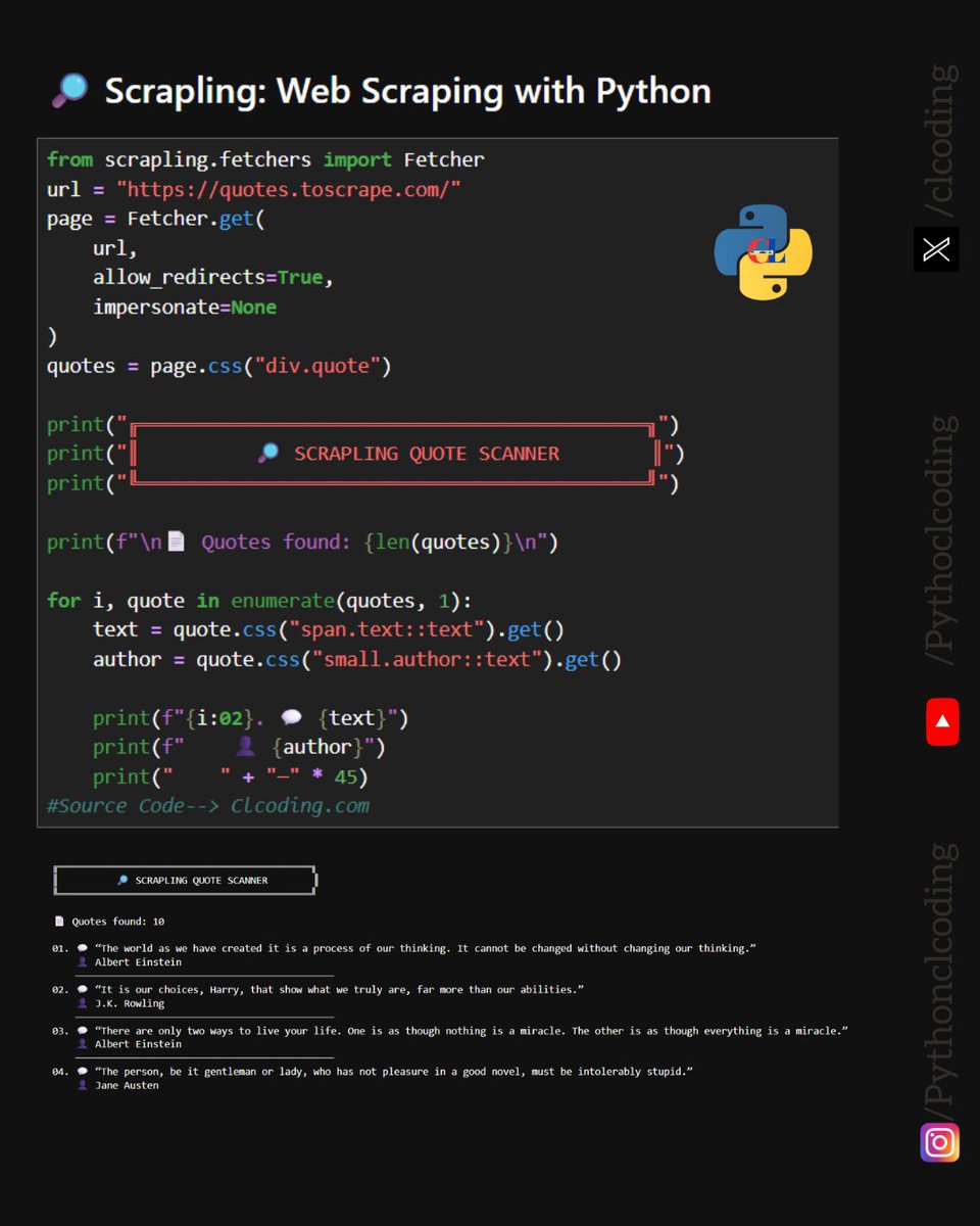 clcoding's tweet photo. Web Scraping with Python just got interesting!

Meet Scrapling — a Python library designed to make web scraping faster and more flexible.

In this example, we use Fetcher to:

 Fetch a webpage
 Select elements using CSS selectors
 Extract quotes and authors
 Count the results
 Display the scraped data in a clean format

The workflow is simple:

Fetch → Parse → Select → Extract → Process

https://t.co/aoRhQchVpE

If you're learning Python, web scraping, automation, or data collection, Scrapling is a library worth exploring.

 One of the most useful skills in Python is learning how to turn unstructured web pages into structured data.