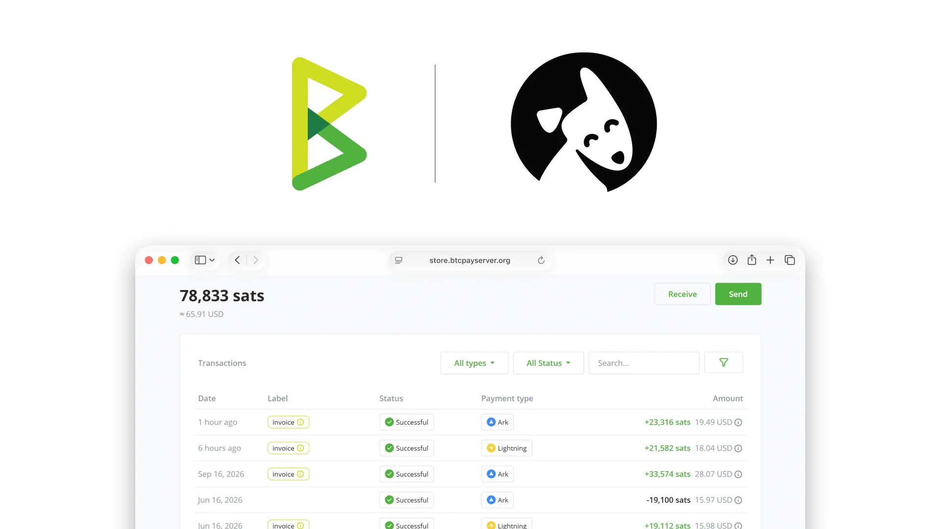 Bark plugin for BTCPay Server: dashboard, send and receive pages, and settings screenshots