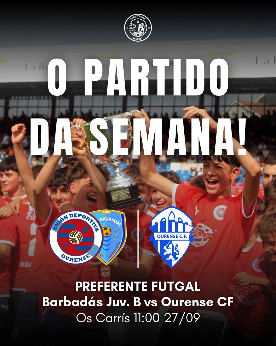 fvermellou's tweet photo. 👀 𝗢 𝗣𝗔𝗥𝗧𝗜𝗗𝗢 𝗗𝗔 𝗦𝗘𝗠𝗔𝗡𝗔!

🔜 Este domingo, o noso Xuvenil B grazas ao convenio co Barbadás enfrontarase ao Xuvenil A do Ourense CF.

⚔️ Vs Ourense CF.
🏟 Os Carrís.
📅 Domingo 27 de setembro.
⏰️ 11:00. https://t.co/QOW3nENBbM