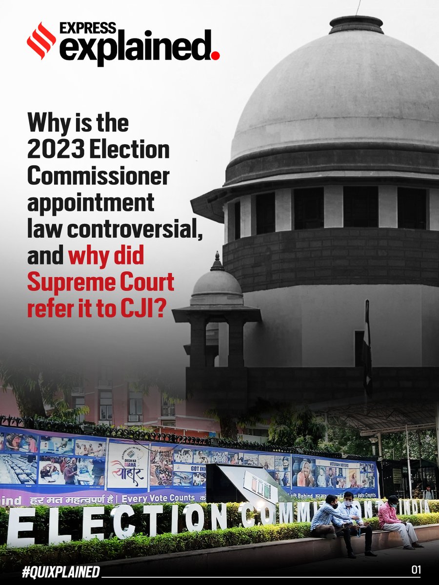 IndianExpress's tweet photo. A two-judge bench of the Supreme Court on Wednesday referred petitions challenging the 2023 law on the appointment of the Chief Election Commissioner (CEC) and other Election Commissioners (ECs) — which excludes the Chief Justice of India (CJI) from the process — to the CJI to consider forming a Constitution Bench (which has a minimum of five judges).

Written by: @AmaalSheikh5 

Read: https://t.co/Tq5ebGcv4W