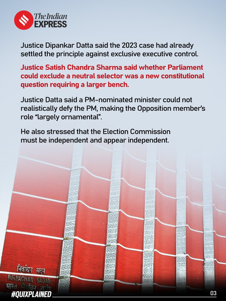IndianExpress's tweet photo. A two-judge bench of the Supreme Court on Wednesday referred petitions challenging the 2023 law on the appointment of the Chief Election Commissioner (CEC) and other Election Commissioners (ECs) — which excludes the Chief Justice of India (CJI) from the process — to the CJI to consider forming a Constitution Bench (which has a minimum of five judges).

Written by: @AmaalSheikh5 

Read: https://t.co/Tq5ebGcv4W