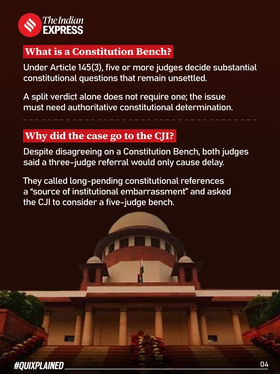 IndianExpress's tweet photo. A two-judge bench of the Supreme Court on Wednesday referred petitions challenging the 2023 law on the appointment of the Chief Election Commissioner (CEC) and other Election Commissioners (ECs) — which excludes the Chief Justice of India (CJI) from the process — to the CJI to consider forming a Constitution Bench (which has a minimum of five judges).

Written by: @AmaalSheikh5 

Read: https://t.co/Tq5ebGcv4W