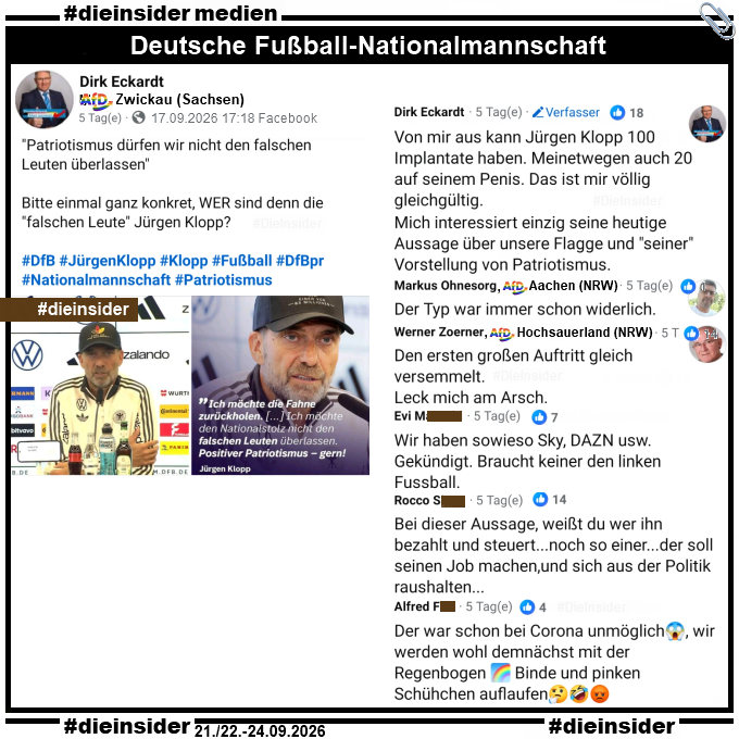 Die_Insider's tweet photo. Heute Abend spielt das #DFB-Team erstmals unter Bundestrainer Jürgen Klopp! 🇩🇪

Was #AfDer über "Ich möchte den Nationalstolz nicht den falschen Leuten überlassen." sagen, zeigen wir in einer kleinen Auswahl!

#LautGegenNazis #AfDVerbot #DFBTeam
#GemeinsamGegenHass #DieInsider📎 https://t.co/Uthj1P2qQi