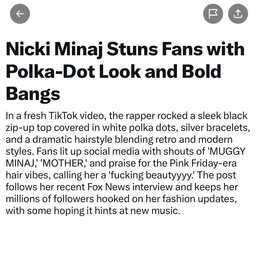 FeelTheBass86's tweet photo. .@NICKIMINAJ is currently trending on 𝕏 after debuting her latest look, featuring a polka-dot ensemble, sleek bangs, and a flip ponytail https://t.co/LxPQUHFFxe