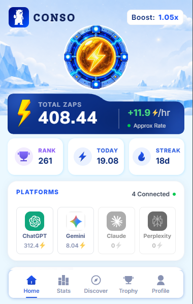 Mdkamrul422's tweet photo. Just installed the CONSO Extension and started stacking Zaps from normal AI usage. Streaks, missions, leaderboard, multi-platform tracking. Prompt to Earn is live. @conso_xyz https://t.co/shuCrvFOg1