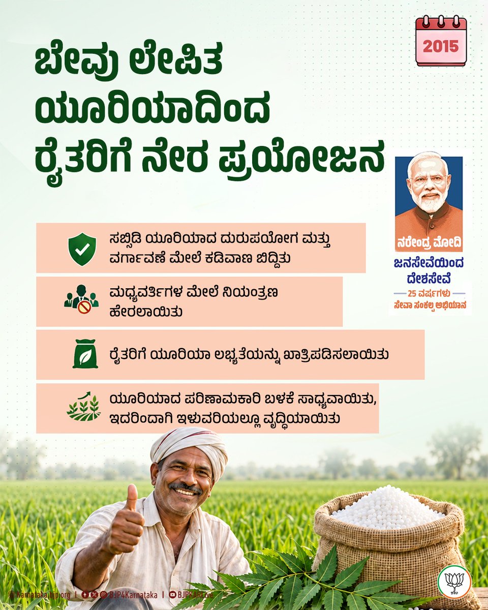 BJP4Karnataka's tweet photo. ಬೇವು ಲೇಪಿತ ಯೂರಿಯಾ... ರೈತರಿಗೆ ವರದಾನ !

ಪ್ರಧಾನಿ ಶ್ರೀ ನರೇಂದ್ರ ಮೋದಿಯವರ 25 ವರ್ಷಗಳ ಸೇವೆ ಮತ್ತು ಸಂಕಲ್ಪದ ಪಯಣದಲ್ಲಿ ರೈತರ ಕಲ್ಯಾಣದ ಹಲವು ಉಪಕ್ರಮಗಳು ಜಾರಿಗೊಂಡವು. ಬೇವು ಲೇಪಿತ ಯೂರಿಯಾ ಈ ನಿಟ್ಟಿನಲ್ಲಿ ಒಂದು ಪ್ರಮುಖ ಹೆಜ್ಜೆಯಾಗಿದೆ.

ರೈತ ಕಲ್ಯಾಣದಿಂದ ರಾಷ್ಟ್ರೀಯ ಹಿತಾಸಕ್ತಿಯವರೆಗೆ... ಇದು ಸೇವೆಯ ಪ್ರತಿಜ್ಞೆ!

#SevaSankalpAbhiyan
#NamoSevaAnkahiKahaniyan
