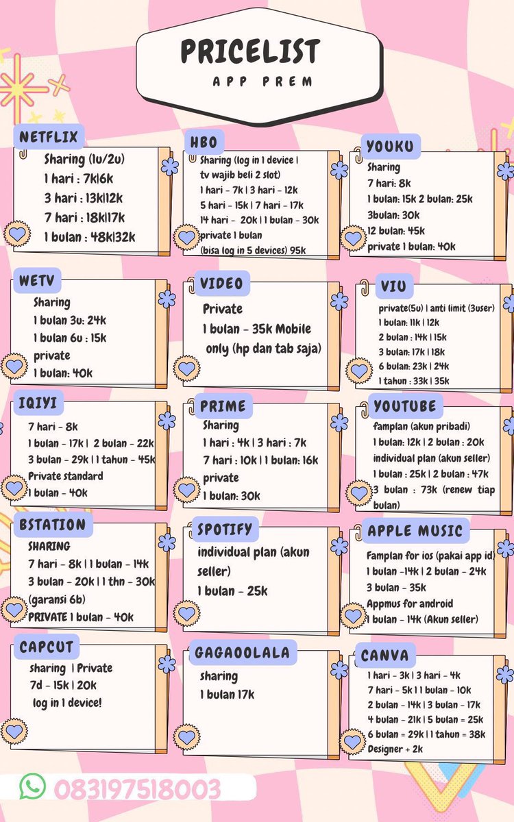 griclarice's tweet photo. hayi mau info app platform  prem murah ?

canva viu hbo gagaoolala capcut bstation harian seminggu youku video iqiyi prime loklok youtube prem pro yt indplan famplan apple music appmus wetv sharing private ada bulanan need fast bisa sung wa di bio #zonauang

WTS JUAL WTB https://t.co/zutzDh7HnD