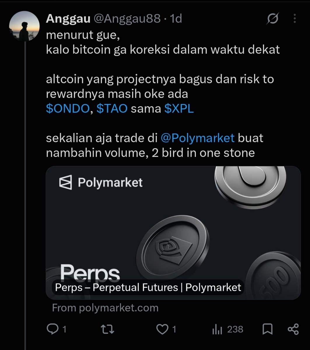 Anggau88's tweet photo. tweet gue 1 hari lalu, gue cuma kasih view koin bagus rr nya masih oke.

dan sekarang lu bisa liat playnya jalan apa engga.

gue share bukan pengen terlihat hebat, tapi gw pengen kalian garap airdrop @Polymarket .

karna uang gedenya disitu menurut gw,
https://t.co/lX6r3xJHHq https://t.co/7DmDBW8zKW
