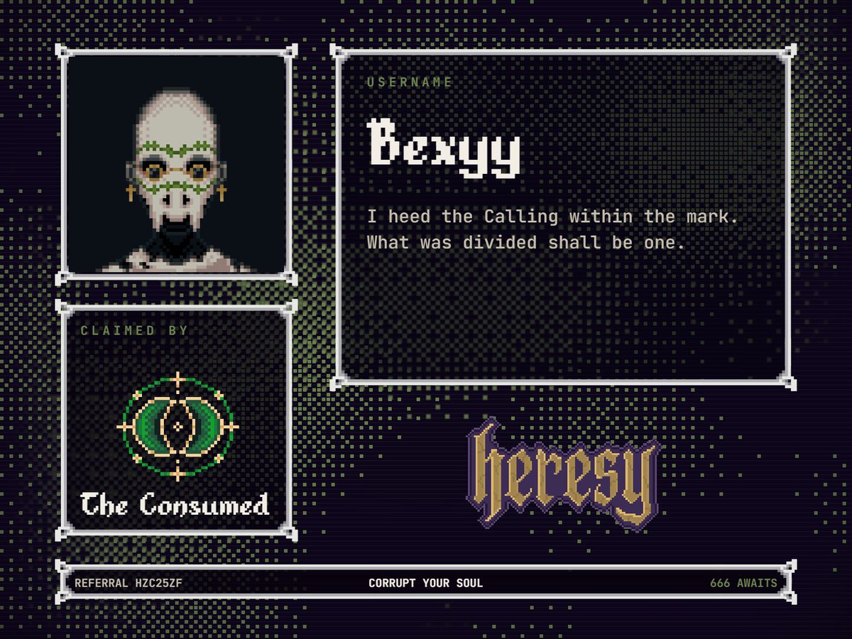 bexyybois's tweet photo. I have been claimed by The Consumed.

I heed the Calling within the mark. What was divided shall be one.

Find your sect and enter the gates with @HeresyCult.

#HeresyCult

https://t.co/8RuDjsGE6m https://t.co/b7XcBQLv8o
