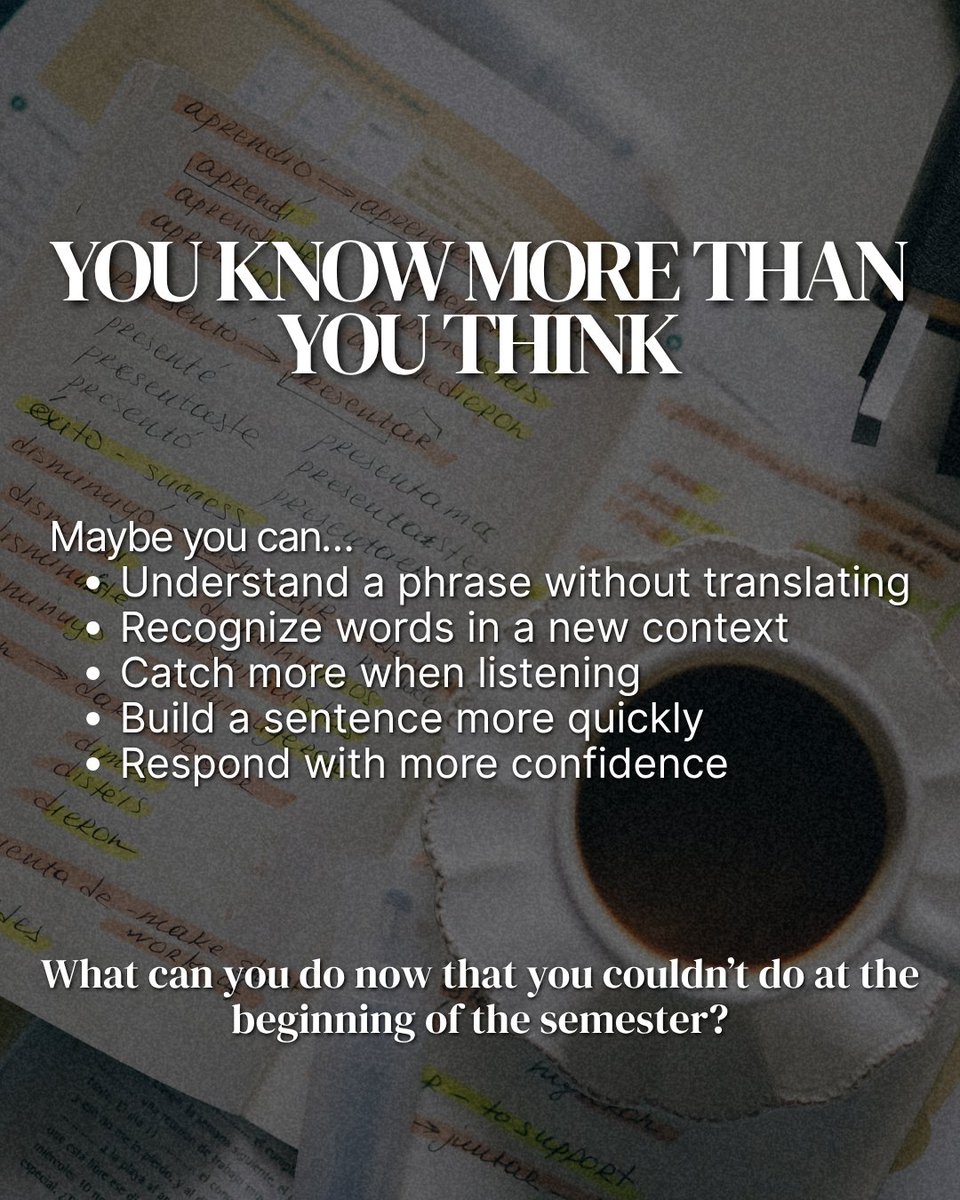 WLC_UNLV's tweet photo. Take a moment to notice what’s becoming easier. 👀

Maybe you understand more without translating, recognize new words, catch more when listening, or respond with more confidence.

What’s one thing you can do now that you couldn’t do in Week 1? 📚 https://t.co/yArhJCFnTM