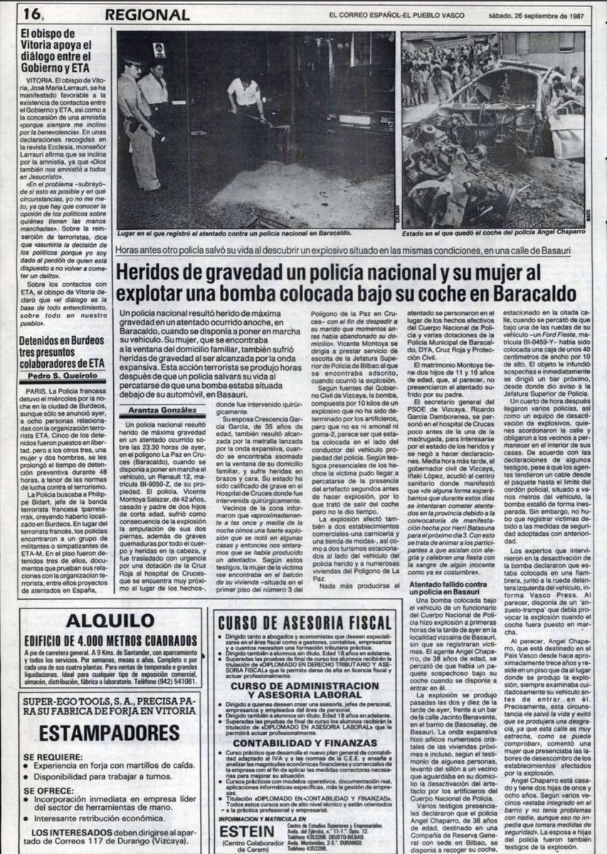 MemorialVT's tweet photo. 25/09/1987. Baracaldo. Se cumplen 39 años del asesinato por ETA-m del agente @policia VICENTE MONTOYA SALAZAR. Falleció el 2 de octubre. Le estalló una bomba-lapa colocada en su coche. La explosión le amputó las dos piernas y le provocó graves quemaduras. Su mujer resultó herida. https://t.co/TYhn042ArS