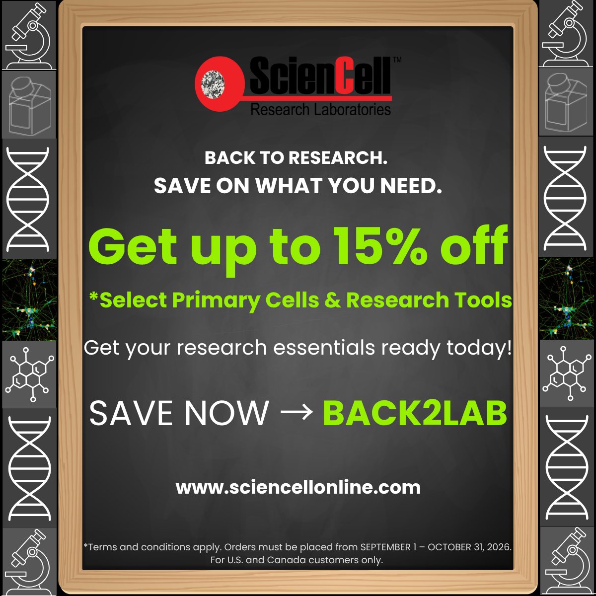 sciencell's tweet photo. 🔬 Back to Research. Save up to 15% on selected primary cells &amp; research tools with code BACK2LAB. 

Shop human &amp; animal cells, media, stem cell products, vectors, genomics &amp; 3D culture tools. 

Sept 1–Oct 31 | U.S. &amp; Canada. 

https://t.co/zSaX1HxjNe https://t.co/UrD6nvlLjQ