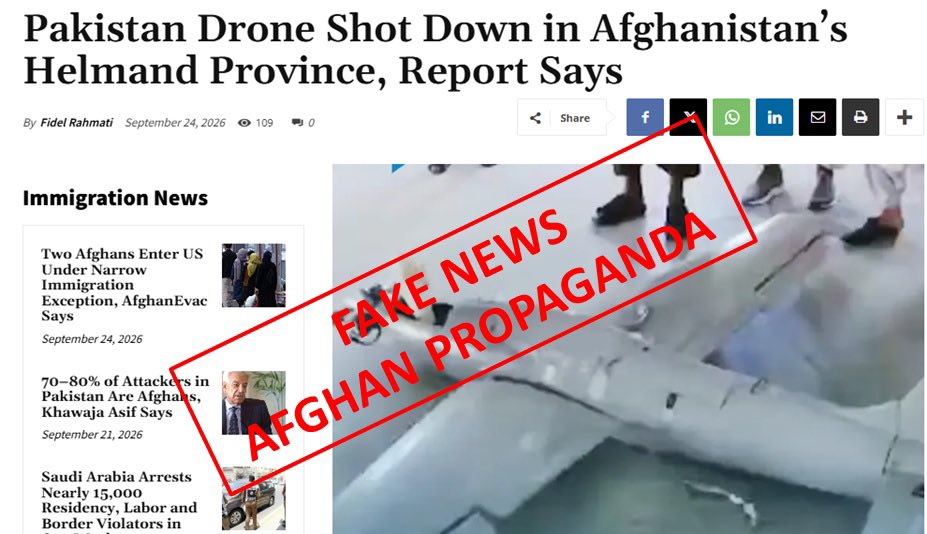 FactCheckerMoIB's tweet photo. 𝐅𝐚𝐜𝐭 𝐂𝐡𝐞𝐜𝐤 | 𝐌𝐢𝐧𝐢𝐬𝐭𝐫𝐲 𝐨𝐟 𝐈𝐧𝐟𝐨𝐫𝐦𝐚𝐭𝐢𝐨𝐧 & 𝐁𝐫𝐨𝐚𝐝𝐜𝐚𝐬𝐭𝐢𝐧𝐠

◼️ Khaama Press reported a Taliban-linked fake media claim that a Pakistani armed drone was shot down in Garmsir district of Helmand, Afghanistan. 

◼️ This is a usual fabricated lie of Taliban regime devoid of any evidence. A lie directed to showcase rhetoric for its internal audience. 

◼️ The circulation of an unsubstantiated claim by Taliban-linked media is another attempt to shape a misleading narrative around Pakistan’s self defence counter-terrorism operations. Propaganda claims without evidence cannot substitute facts.

𝐓𝐫𝐮𝐭𝐡 𝐏𝐫𝐞𝐯𝐚𝐢𝐥𝐬 𝐨𝐯𝐞𝐫 𝐅alsehood