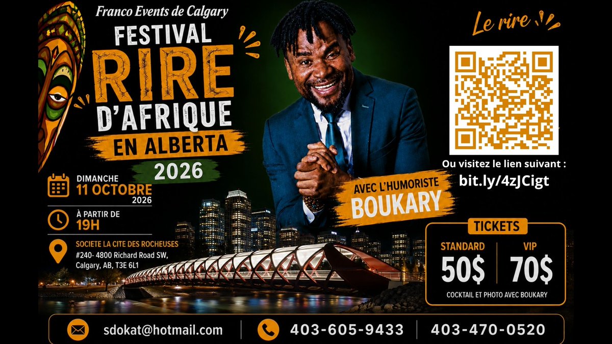rsaAlberta's tweet photo. Participez au Festival rire d'Afrique en Alberta 2026!
Date: 11 octobre 2026
Heure; À partir de 19h00
Lieu: Société La Cité des Rocheuses, Calgary
https://t.co/awS10zy5A1
#rire #santé #Calgary #francophonie #frAB #festival https://t.co/Uu9qjYHSXZ