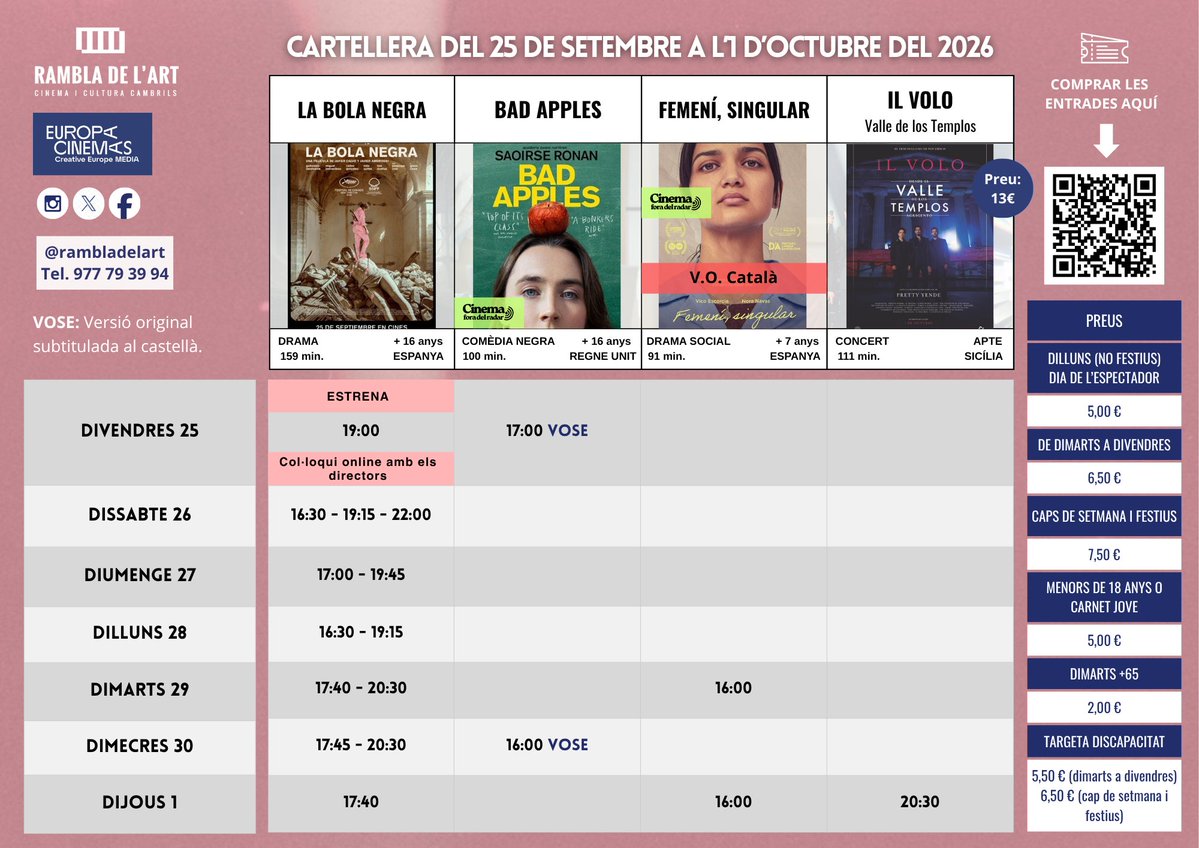 Rambladelart's tweet photo. Cartellera del 25 de setembre a l'1 d'octubre del 2026🎬 https://t.co/Z1OZPcgdRL https://t.co/GZGGuXmoyw