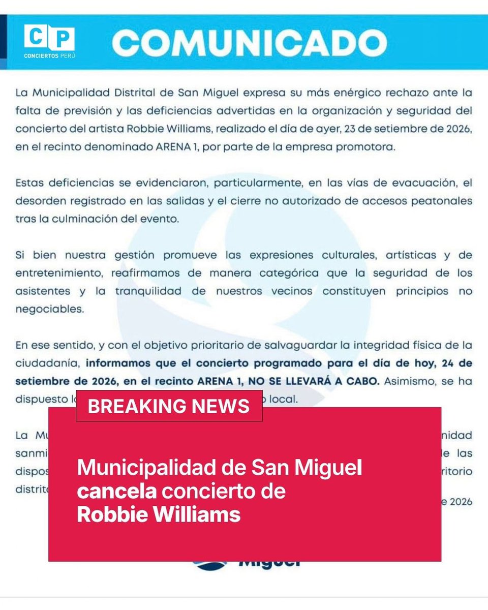 conciertosperu's tweet photo. 🚨 El concierto de Robbie Williams programado para hoy, 24 de septiembre, fue cancelado tras las deficiencias advertidas durante su presentación del miércoles 23 en Arena 1 Park. https://t.co/MEo2XOAbl8