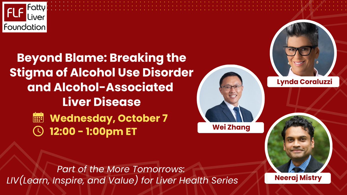 LiverSaver's tweet photo. Stigma shapes whether people with alcohol-associated liver disease disclose, seek help, or feel worthy of care. That's not a small thing; it's a barrier to treatment.

We're hosting a webinar on October 7 to talk about it honestly, with Dr. Wei Zhang and Dr. Lynda Coraluzzi. Join our conversation: https://t.co/s33FfCeiqV