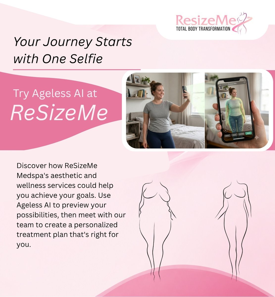 ResizemeMO's tweet photo. Your aesthetic journey starts with understanding your options. Use Ageless AI to explore potential treatment outcomes, then connect with the ReSizeMe Medspa team to discuss your goals and create a personalized treatment plan. https://t.co/SFOjYEriDK