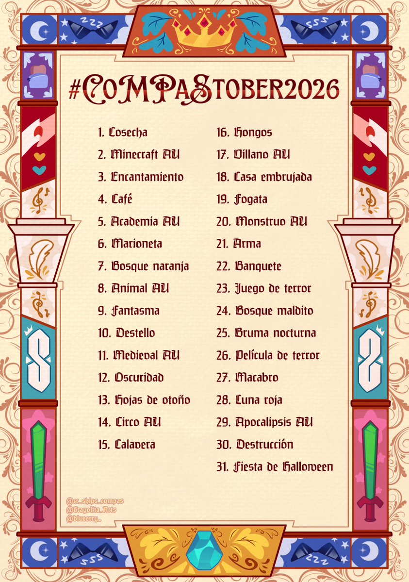 cc_ships_compas's tweet photo. ¡Hola! Nos complace presentarles 🥁🥁🥁

¡El #CoMPaSTober2026!

Ya conocen la dinámica, pero por si no, el CoMPaSTober es una lista con retos o ideas para dibujar durante octubre. Cada día es un nuevo tema. Abran el hilo para más info 🧵⬇️ https://t.co/m7TNQiSUWW