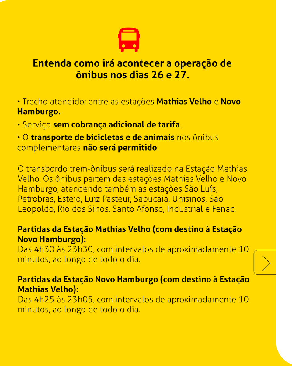 Trensurb's tweet photo. ⚠️Atenção, usuário! Neste final de semana, sábado (26) e domingo (27), a operação da Trensurb passa por alterações devido a obras sob responsabilidade Dnit, realizadas em viaduto da BR-116, em Canoas.

👉 Passe as imagens e veja os detalhes.
+ https://t.co/wPmam26t4m