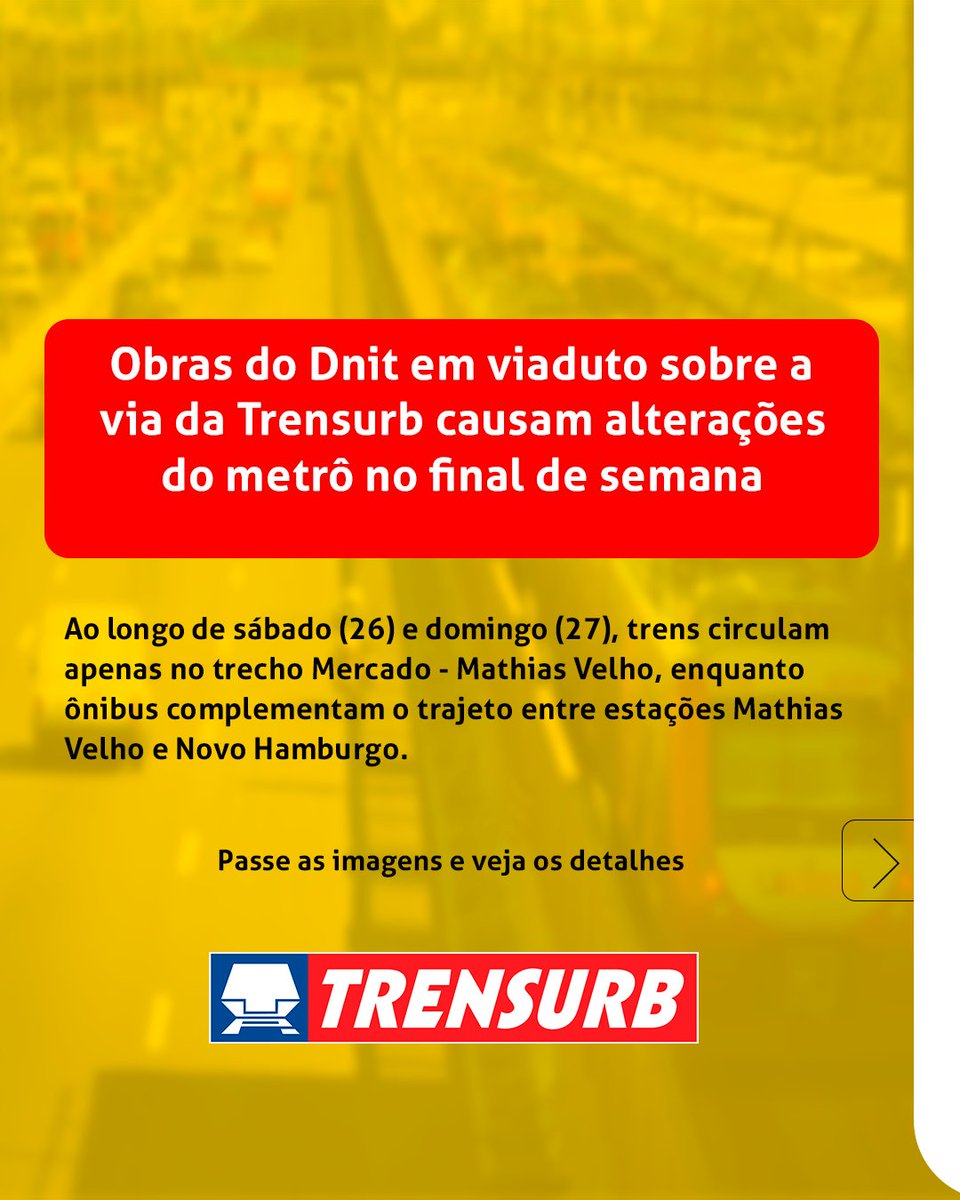 Trensurb's tweet photo. ⚠️Atenção, usuário! Neste final de semana, sábado (26) e domingo (27), a operação da Trensurb passa por alterações devido a obras sob responsabilidade Dnit, realizadas em viaduto da BR-116, em Canoas.

👉 Passe as imagens e veja os detalhes.
+ https://t.co/wPmam26t4m