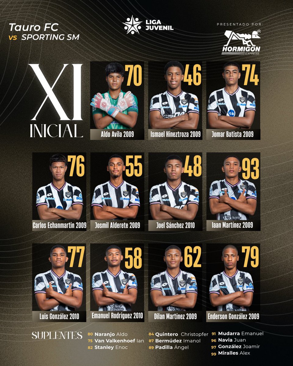 TauroFC's tweet photo. 🐃¡LOS TITULARES! 🔥

Nuestros 1️⃣1️⃣ elegidos para arrancar el partido ante Sporting. Fuertes y unidos como los cimientos de Hormigón 🐃🦾

#Canteratorodeoro #Construimoslegados #Lahistoriacontinúa https://t.co/c2uxv5R2aK