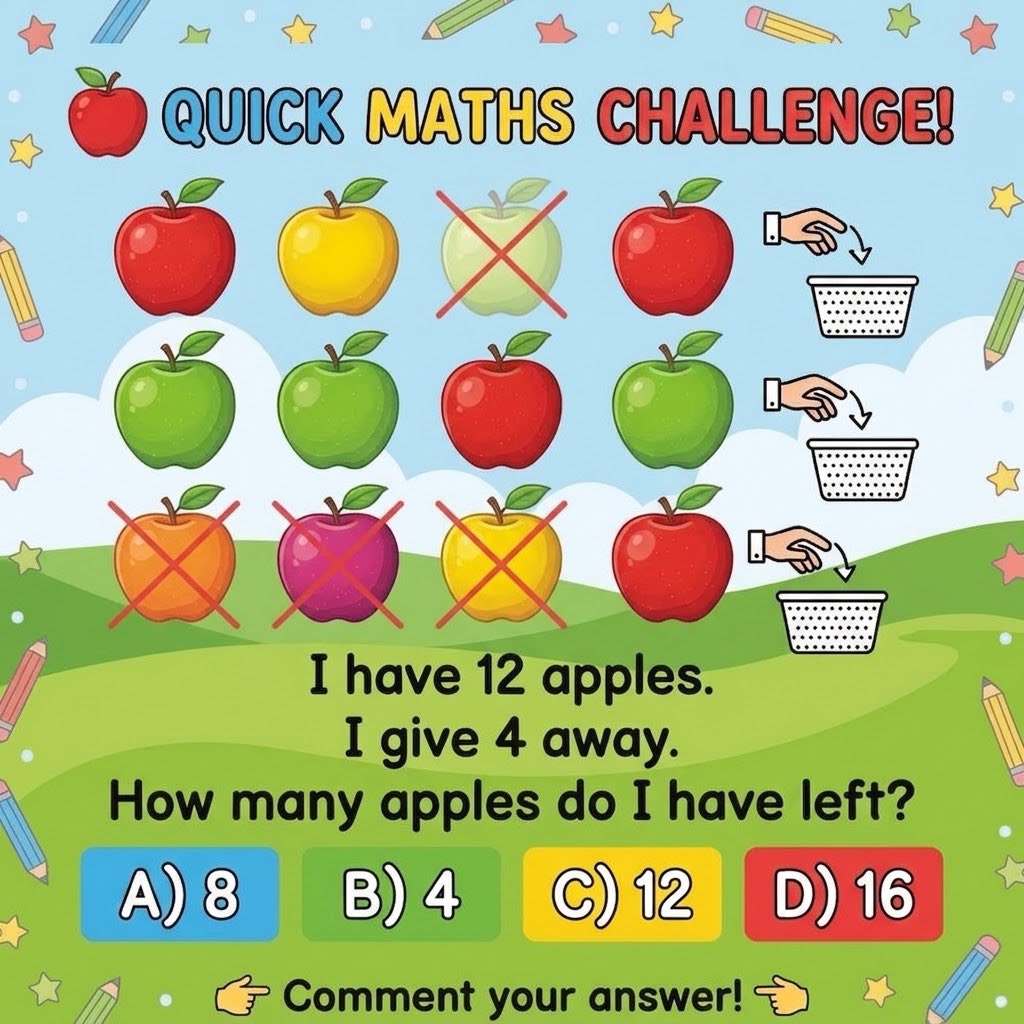 TracebloomL's tweet photo. 🍎 Quick Maths Challenge!

I have 12 apples. I give 4 away. How many are left? 🤔

A) 8
B) 4
C) 12
D) 16

👇 What’s your answer?

#MathsChallenge #PrimaryMaths #MathsForKids #tracebloom https://t.co/eSulMuNHU9