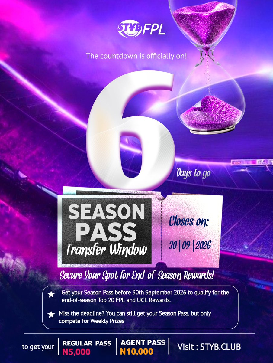 Stybclub's tweet photo. The season is calling. Secure your pass and don't miss a moment🕺🏻
Get your Season Pass today and enjoy more access, more excitement, and more unforgettable moments.
Grab yours now!
#seasonpass #fpl #epl #footballgames #FantasyFootbal https://t.co/PXDrpjUiAS