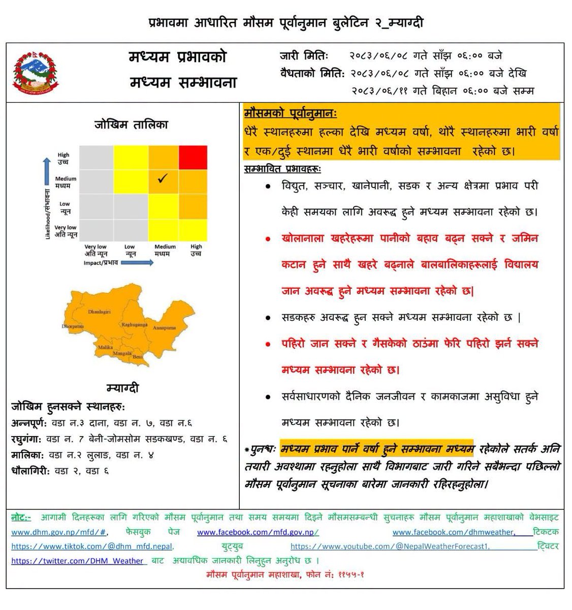 NMD_Weather's tweet photo. मिति २०८३ असोज ८ गते साँझ देखि असोज ११ गते बिहानसम्म लागू हुने गरी बागमती प्रदेशको सिन्धुपालचोक जिल्ला तथा गण्डकी प्रदेशका म्याग्दी र बाग्लुङ पालिकाहरूका लागि भारी वर्षा सम्बन्धी प्रभावमा आधारित मौसम पूर्वानुमान जारी गरिएको छ। https://t.co/ldcxBo7ZbO