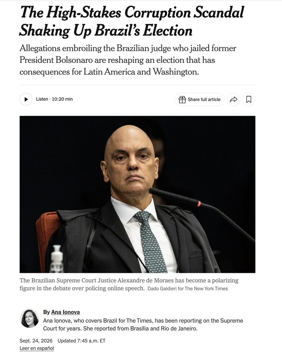 ggreenwald's tweet photo. Good @NYT article on how -- with two weeks before Brazil's election -- its most powerful judge Alexandre de Moraes is widely seen as an authoritarian threat, and his sleazy corruption scandal is weighing Lula down because he's Lula's "important ally."

https://t.co/HhG87xq1JW https://t.co/AkvME78IWM