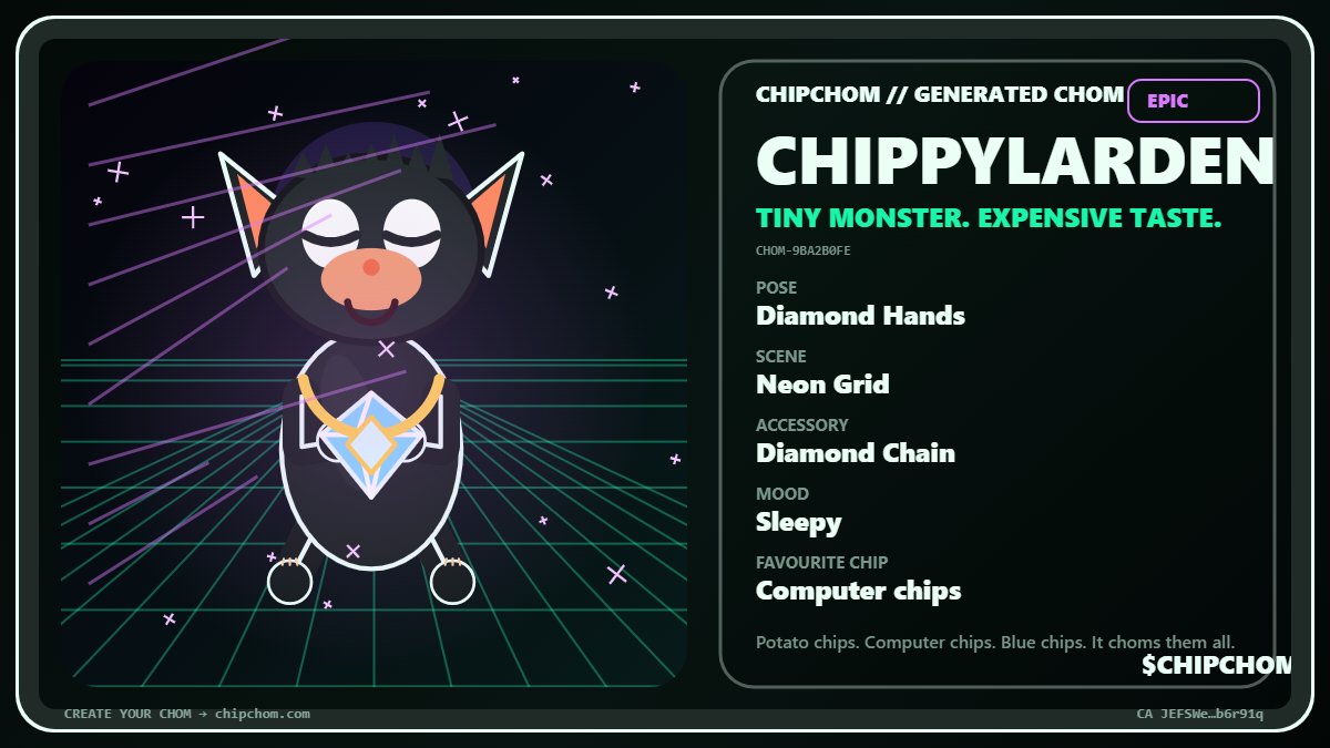 chipchomcoin's tweet photo. Chom hunt is open. 👾

COMMON
UNCOMMON
RARE
EPIC
LEGENDARY
GLITCH CHOM
GLITCH = 1 in 200.
Roll yours and post what you get 👇
https://t.co/NM82sNrSZt
#CHIPCHOM https://t.co/cqUOBH39gA