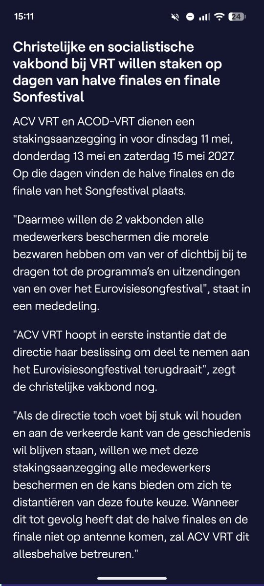ixildumese's tweet photo. the vrt trade unions announced their intention to strike on the days of the eurovision semifinals and finals. "we want to protect our workers and give them the chance to distance themselves from this wrong decision. if this means the show can't be broadcast, we won't be sorry" https://t.co/lS1lIM3aZh