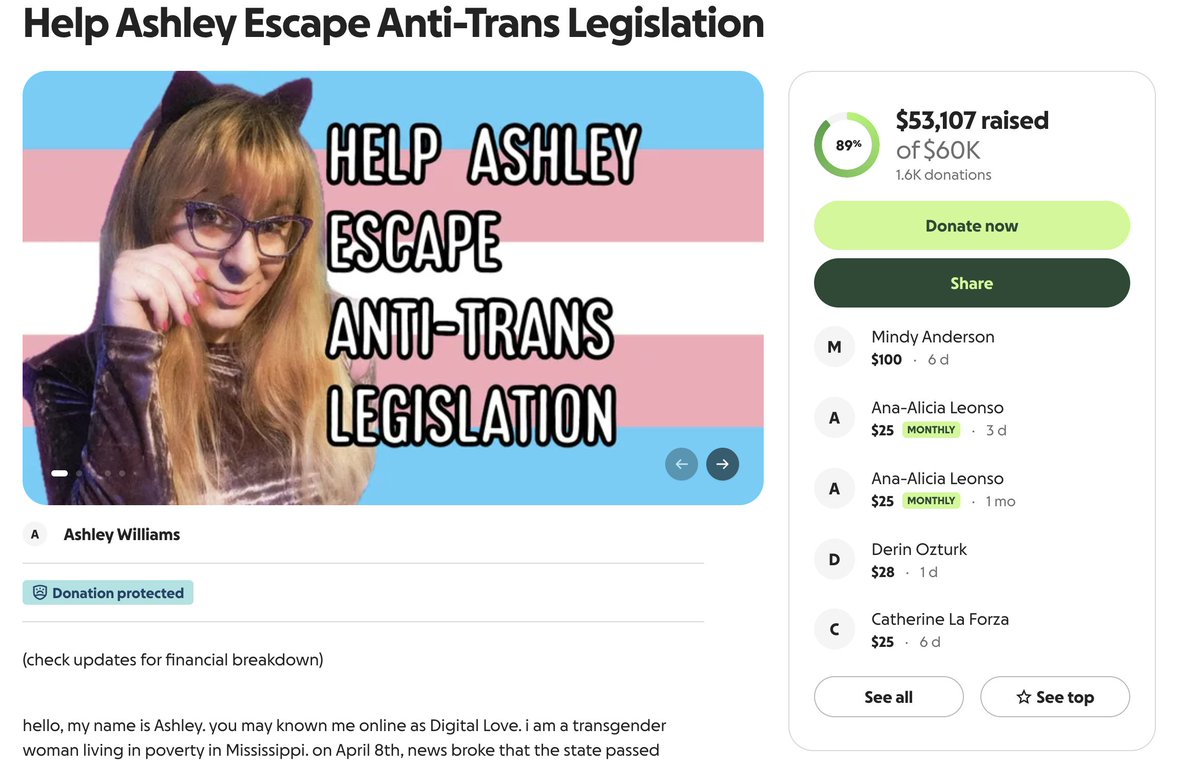 FundMyFraud's tweet photo. This one is a real head-scratcher. How in the world does some dude in a wig and a dress manage to get over $50k in crowd-funded donations just to move because he's "scared" of legislation?

This is a racket that needs to be studied. Like who are the people donating, where is this money coming from, and what exactly is this dude doing with it? On one hand I don't know how bad I feel for the people donating, but also I think it's ludicrous that someone can raise this much money off of basically nothing but being crazy and whiny.