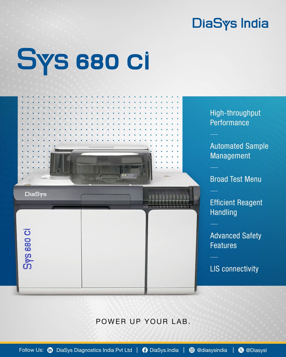 DiasysI's tweet photo. Ready for what’s next in clinical chemistry?
The DiaSys SYS 680 ci delivers high-throughput performance, intelligent automation and a broad test menu—with up to 800 tests/hour with ISE.
Power up your lab.
#DiaSysIndia #Sys680ci #ClinicalChemistry https://t.co/zDnaSbZ4Nh