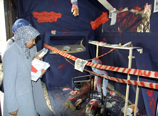 25YearsAgoLive's tweet photo. Al-Nablus University in the West Bank sets up an exhibition celebrating the 9 August bombing of a Sbarro restaurant in Israel, in which 16 civilians were killed. 

The Palestinian Authority makes the effort to build a mock Sbarro storefront and include props of mutilated body parts, to trumpet the perceived success of Palestinian resistance against Israel. 

Visitors are required to walk over Israeli and American flags to enter and leave the exhibition.
